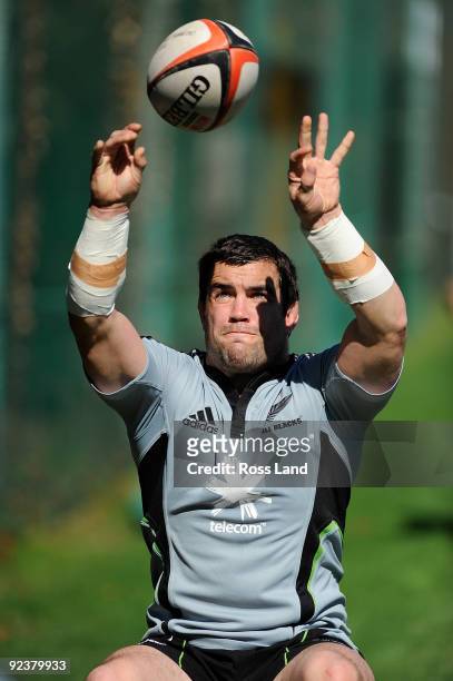 Cory Flynn throws the ball into the lineout during a New Zealand All Blacks training session at Kubota Funabashi Rugby Field on October 27, 2009 in...