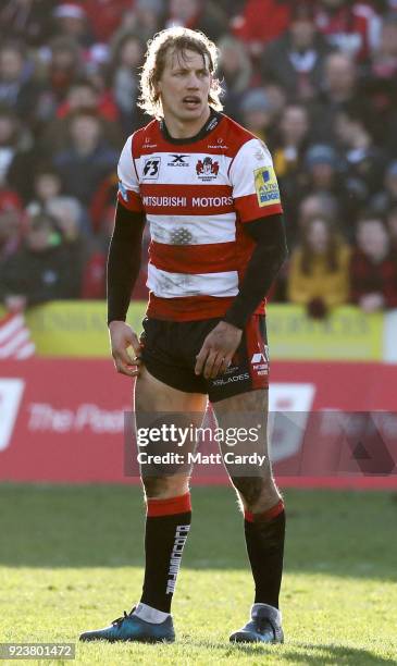 Billy Twelvetrees of Gloucester during the Aviva Premiership match between Gloucester Rugby and Wasps at Kingsholm Stadium on February 24, 2018 in...
