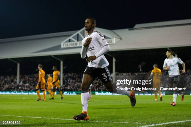 Fulham's Ryan Sessegnon celebrates scoring the opening goal during the Sky Bet Championship match between Fulham and Wolverhampton Wanderers at...