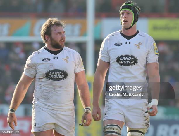 Matt Mullan of Wasps and James Gaskell of Wasps during the Aviva Premiership match between Gloucester Rugby and Wasps at Kingsholm Stadium on...