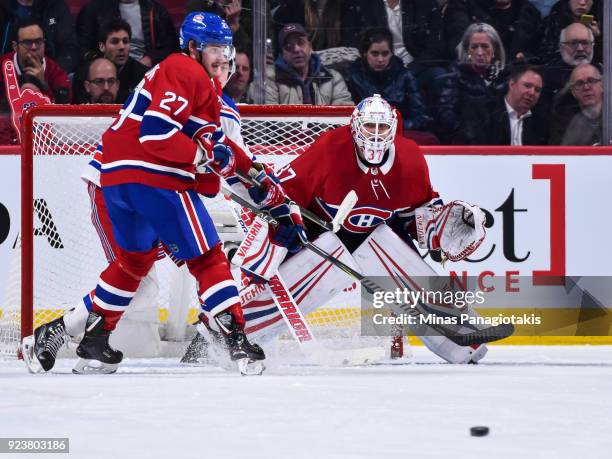 Goaltender Antti Niemi of the Montreal Canadiens remains focused while protecting his net against the New York Rangers during the NHL game at the...