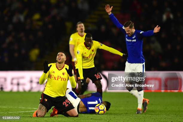 Etienne Capoue of Watford reacts after fouling Theo Walcott of Everton during the Premier League match between Watford and Everton at Vicarage Road...