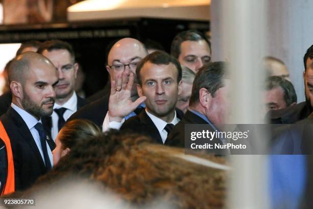 French President Emmanuel Macron visits the 55th International Agriculture Fair at the Porte de Versailles exhibition center in Paris, on February...