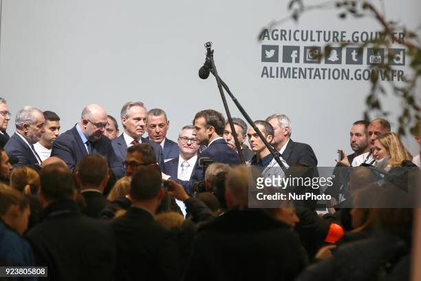 French President Emmanuel Macron visits the 55th International Agriculture Fair at the Porte de Versailles exhibition center in Paris, on February...