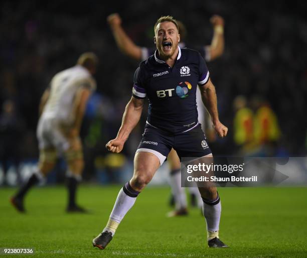Stuart Hogg of Scotland celebrates victory in the NatWest Six Nations match between Scotland and England at Murrayfield on February 24, 2018 in...