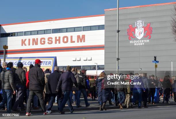 Rugby supporters arrive for the Aviva Premiership match between Gloucester Rugby and Wasps at Kingsholm Stadium on February 24, 2018 in Gloucester,...