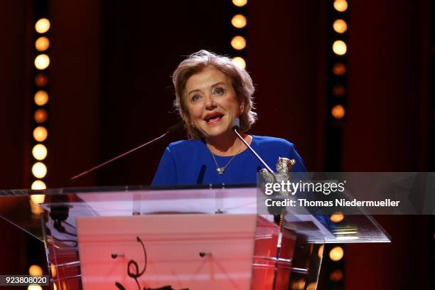 Ana Brun receives the Silver Bear for Best Actress for 'The Heiresses' on stage at the closing ceremony during the 68th Berlinale International Film...