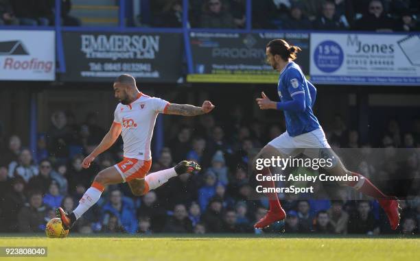 Blackpool's Kyle Vassell has a shot at goal during the Sky Bet League One match between Portsmouth and Blackpool at Fratton Park on February 24, 2018...