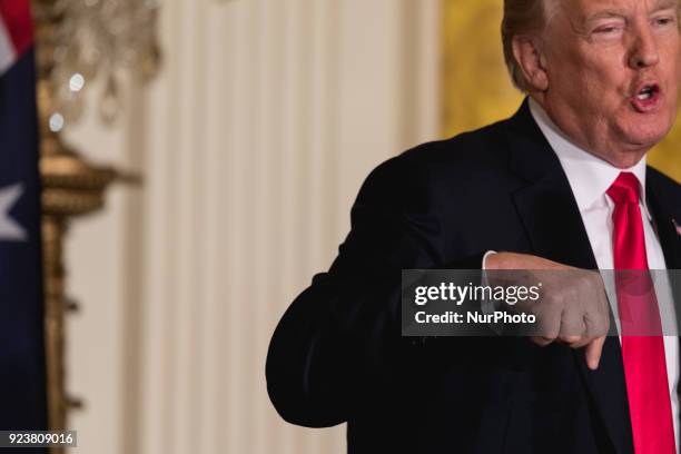 President Donald Trump speaks, during his joint press conference with Prime Minister Malcolm Turnbull of Australia, in the East Room of the White...