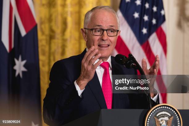 Prime Minister Malcolm Turnbull of Australia speaks, during his joint press conference with U.S. President Donald Trump, in the East Room of the...