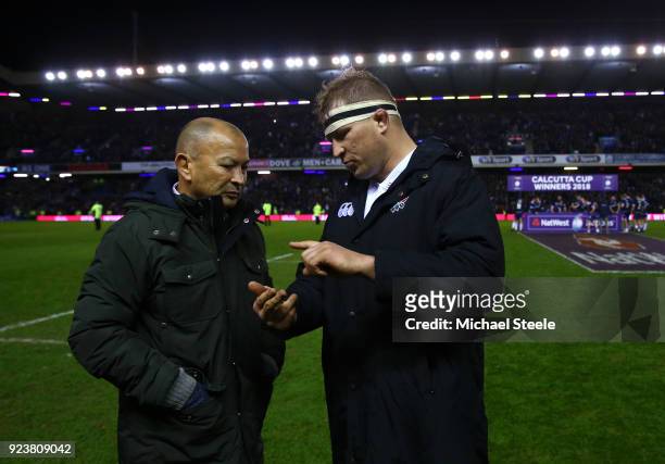 Eddie Jones, Head Coach of England talks with Dylan Hartley after defeat in the NatWest Six Nations match between Scotland and England at Murrayfield...