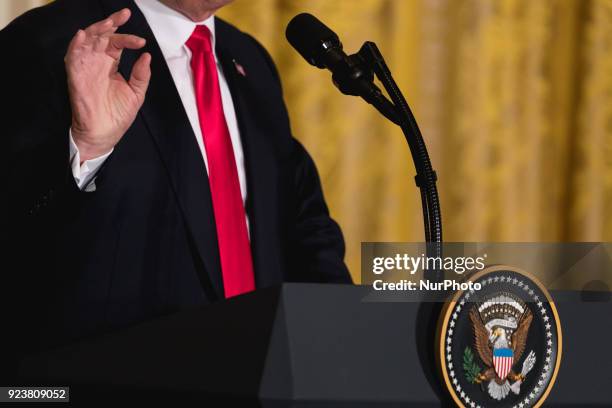 President Donald Trump speaks, during his joint press conference with Prime Minister Malcolm Turnbull of Australia, in the East Room of the White...