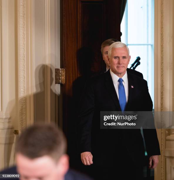 Mike Pence, was in attendance for the joint press conference of U.S. President Donald Trump and Prime Minister Malcolm Turnbull of Australia, in the...