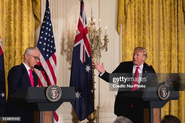 President Donald Trump , and Prime Minister Malcolm Turnbull of Australia , held a joint press conference in the East Room of the White House, on...