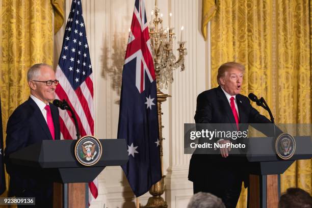 President Donald Trump , and Prime Minister Malcolm Turnbull of Australia , held a joint press conference in the East Room of the White House, on...