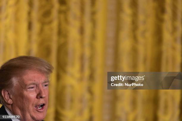 President Donald Trump speaks, during his joint press conference with Prime Minister Malcolm Turnbull of Australia, in the East Room of the White...