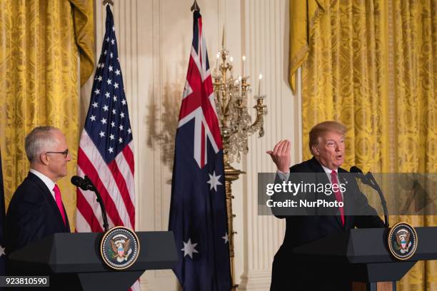 President Donald Trump , and Prime Minister Malcolm Turnbull of Australia , held a joint press conference in the East Room of the White House, on...