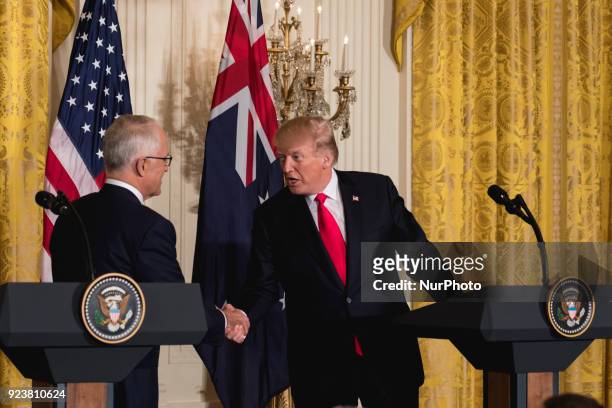 President Donald Trump , and Prime Minister Malcolm Turnbull of Australia , shake hands during their joint press conference in the East Room of the...