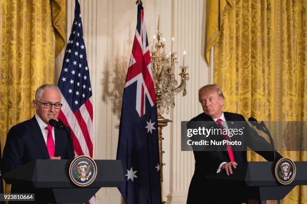 President Donald Trump , and Prime Minister Malcolm Turnbull of Australia , held a joint press conference in the East Room of the White House, on...