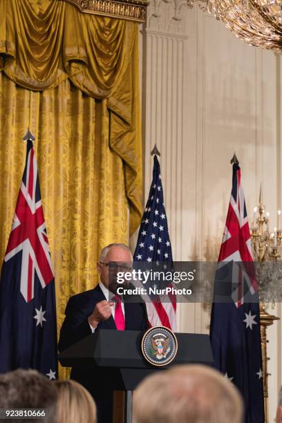 Prime Minister Malcolm Turnbull of Australia speaks, during his joint press conference with U.S. President Donald Trump, in the East Room of the...