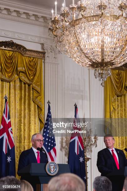 President Donald Trump , and Prime Minister Malcolm Turnbull of Australia , held a joint press conference in the East Room of the White House, on...