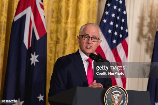Prime Minister Malcolm Turnbull of Australia speaks, during his joint press conference with U.S. President Donald Trump, in the East Room of the...