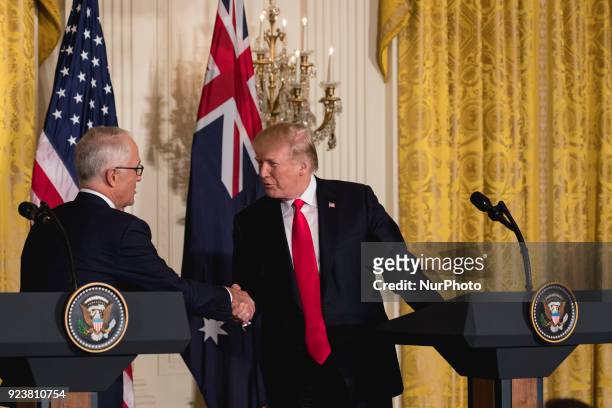 President Donald Trump , and Prime Minister Malcolm Turnbull of Australia , shake hands during their joint press conference in the East Room of the...