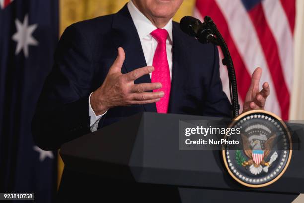 Prime Minister Malcolm Turnbull of Australia speaks, during his joint press conference with U.S. President Donald Trump, in the East Room of the...