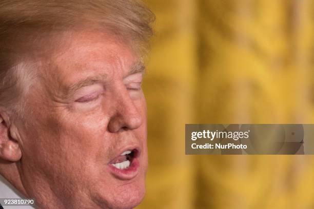 President Donald Trump speaks, during his joint press conference with Prime Minister Malcolm Turnbull of Australia, in the East Room of the White...