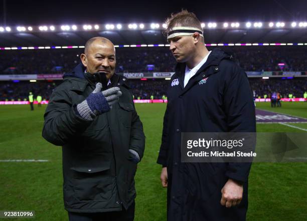 Eddie Jones, Head Coach of England talks with Dylan Hartley after defeat in the NatWest Six Nations match between Scotland and England at Murrayfield...
