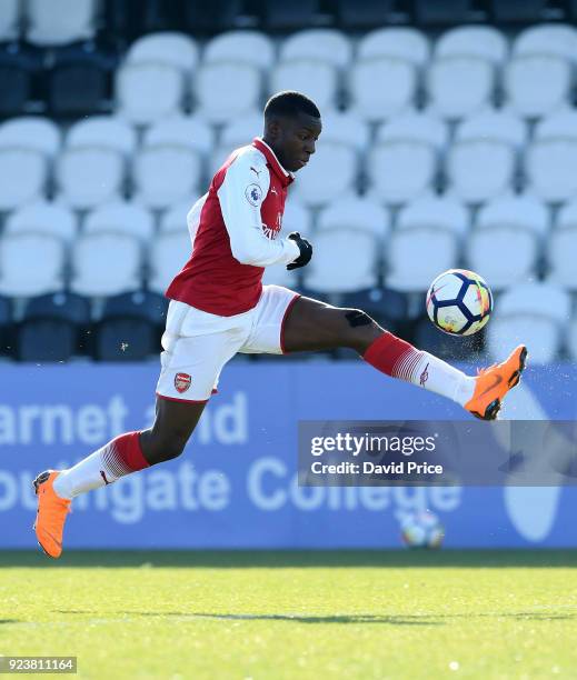 Eddie Nketiah of Arsenal during the match between Arsenal and Dinamo Zagreb at Meadow Park on February 24, 2018 in Borehamwood, England.