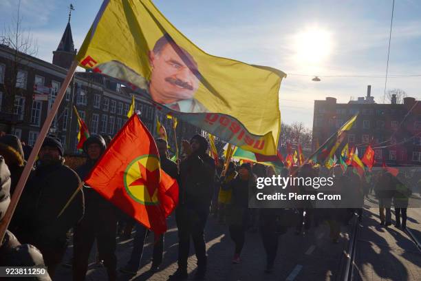 Hundreds of Kurdish protesters march during a rally against the attack on Afrin in Syria by armed forces led by Turkey on February 24, 2018 in The...