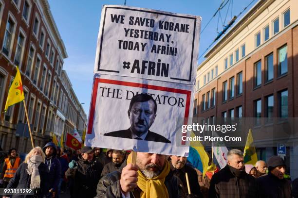 Hundreds of Kurdish protesters march during a rally against the attack on Afrin in Syria by armed forces led by Turkey on February 24, 2018 in The...
