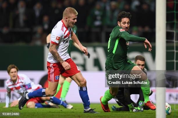 Ishak Belfodil of Bremen about to score a goal to make it 1:0 during the Bundesliga match between SV Werder Bremen and Hamburger SV at Weserstadion...