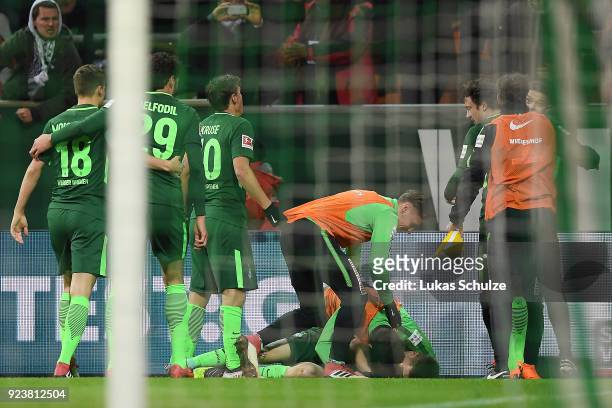 Ishak Belfodil of Bremen is celebrated by his team after he scored a goal to make it 1:0 during the Bundesliga match between SV Werder Bremen and...