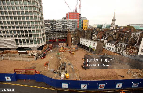 Construction workers continue work on the Crossrail construction site at Tottenham Court Road tube station on October 27, 2009 in London, England. Mr...