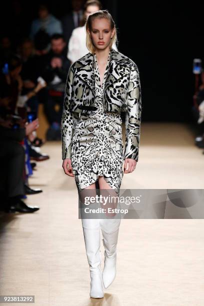 Model walks the runway at the Roberto Cavalli show during Milan Fashion Week Fall/Winter 2018/19 on February 23, 2018 in Milan, Italy.