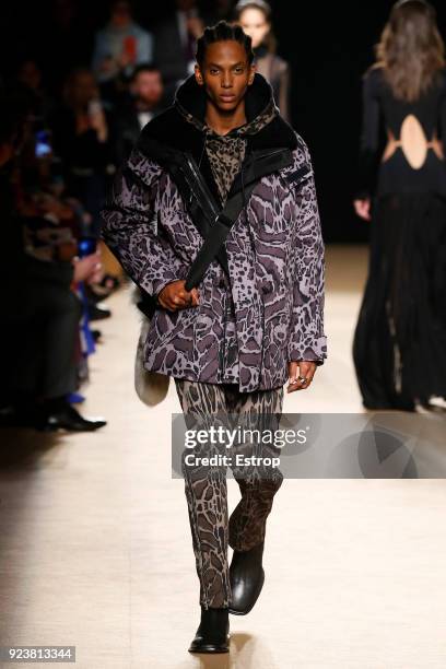 Model walks the runway at the Roberto Cavalli show during Milan Fashion Week Fall/Winter 2018/19 on February 23, 2018 in Milan, Italy.