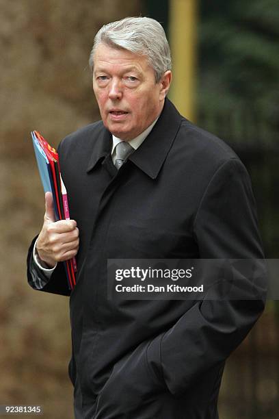 British Home Secretary Alan Johnson carries Muriel Spark's 'The Girls of Slender Means' into the weekly cabinet meeting on October 27, 2009 in...