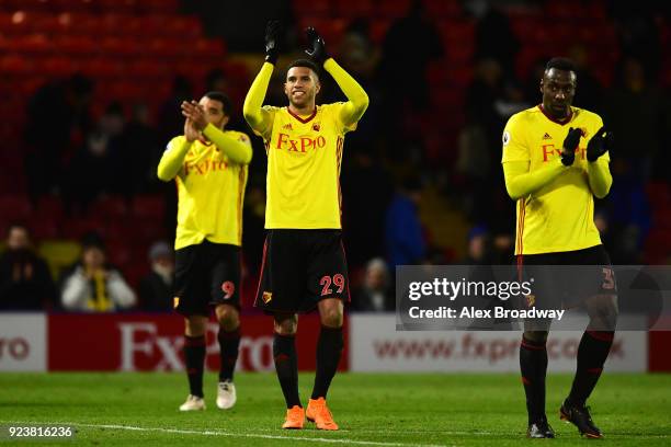 Etienne Capoue of Watford shows appreciation to the fans following the Premier League match between Watford and Everton at Vicarage Road on February...