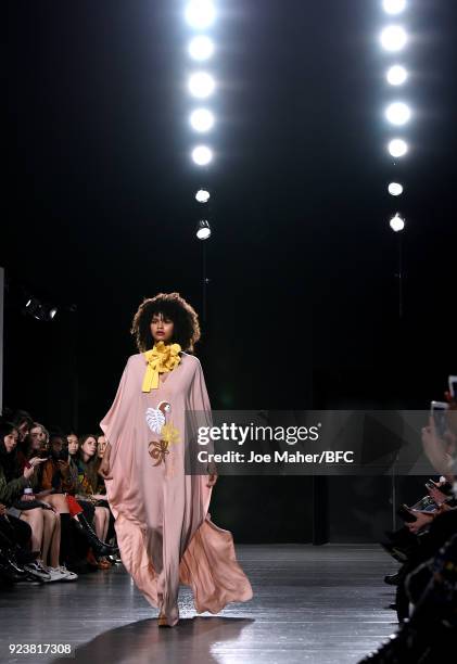 Model walks the catwalk during Trend show the London Fashion Week Festival February 2018 on February 24, 2018 in London, United Kingdom.