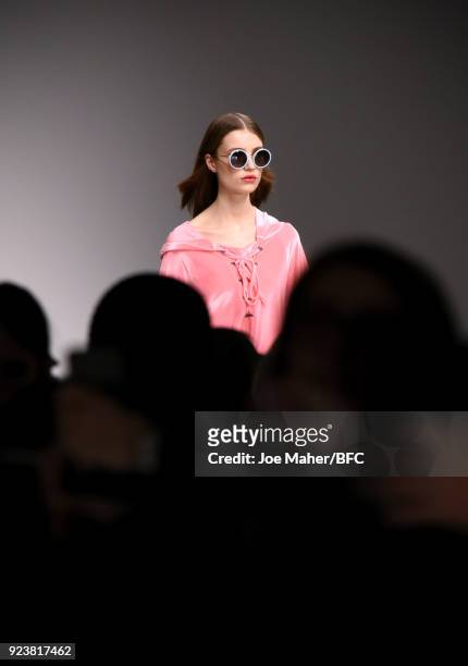 Model walks the catwalk during Trend show the London Fashion Week Festival February 2018 on February 24, 2018 in London, United Kingdom.