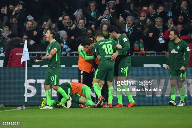 Players of Bremen celebrate after Ishak Belfodil of Bremen scored a goal to make it 1:0 during the Bundesliga match between SV Werder Bremen and...