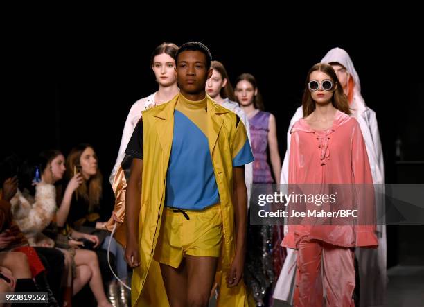 Models walk the catwalk during Trend show the London Fashion Week Festival February 2018 on February 24, 2018 in London, United Kingdom.