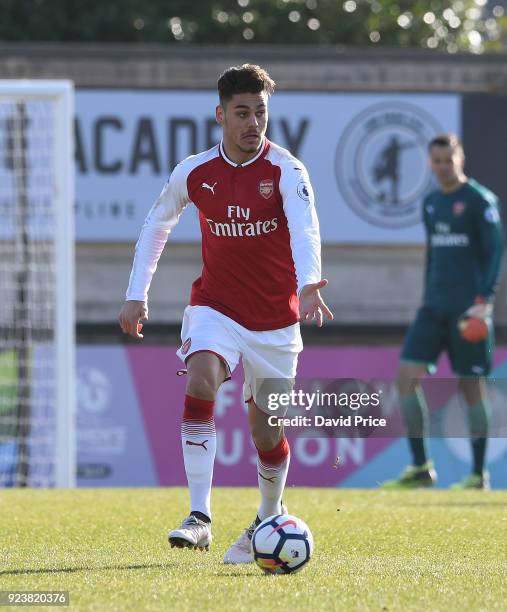 Konstantinos Mavropanos of Arsenal during the match between Arsenal and Dinamo Zagreb at Meadow Park on February 24, 2018 in Borehamwood, England.