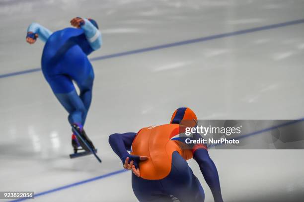 Havard Lorentzen of Norway and Koen Verweij of Netherlands at 1000 meter speedskating at winter olympics, Gangneung South Korea on February 23, 2018.