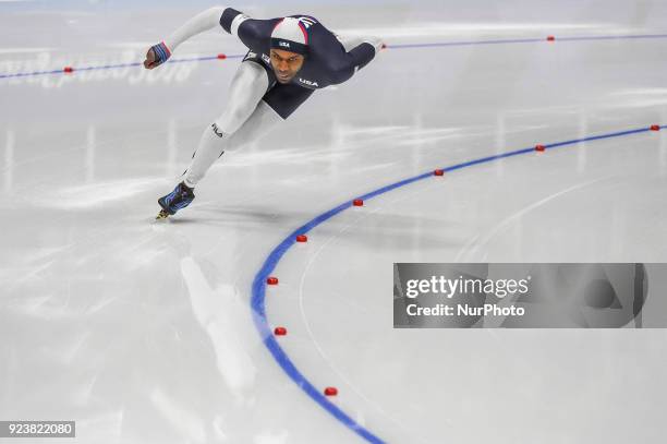 Shani Davis of United States and Takuro Oda of Japan at 1000 meter speedskating at winter olympics, Gangneung South Korea on February 23, 2018.