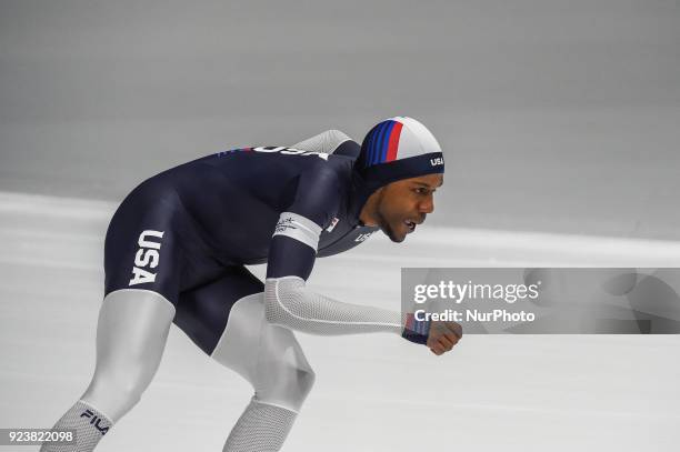 Shani Davis of United States and Takuro Oda of Japan at 1000 meter speedskating at winter olympics, Gangneung South Korea on February 23, 2018.