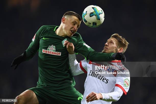 Maximilian Eggestein of Bremen fights for the ball with Aaron Hunt of Hamburg during the Bundesliga match between SV Werder Bremen and Hamburger SV...