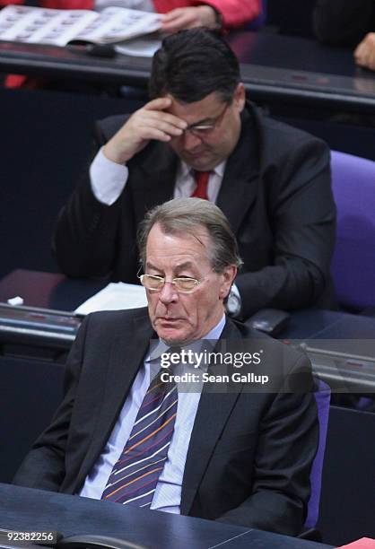 Former Chairman of the German Social Democrats Franz Muentefering and outgoing German Environment Minister and current SPD member Sigmar Gabriel...